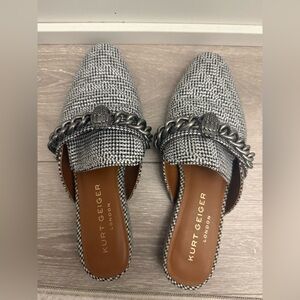 Kurt Geiger London Tweed Slip On Mules w/ Statement Chain Hardware
